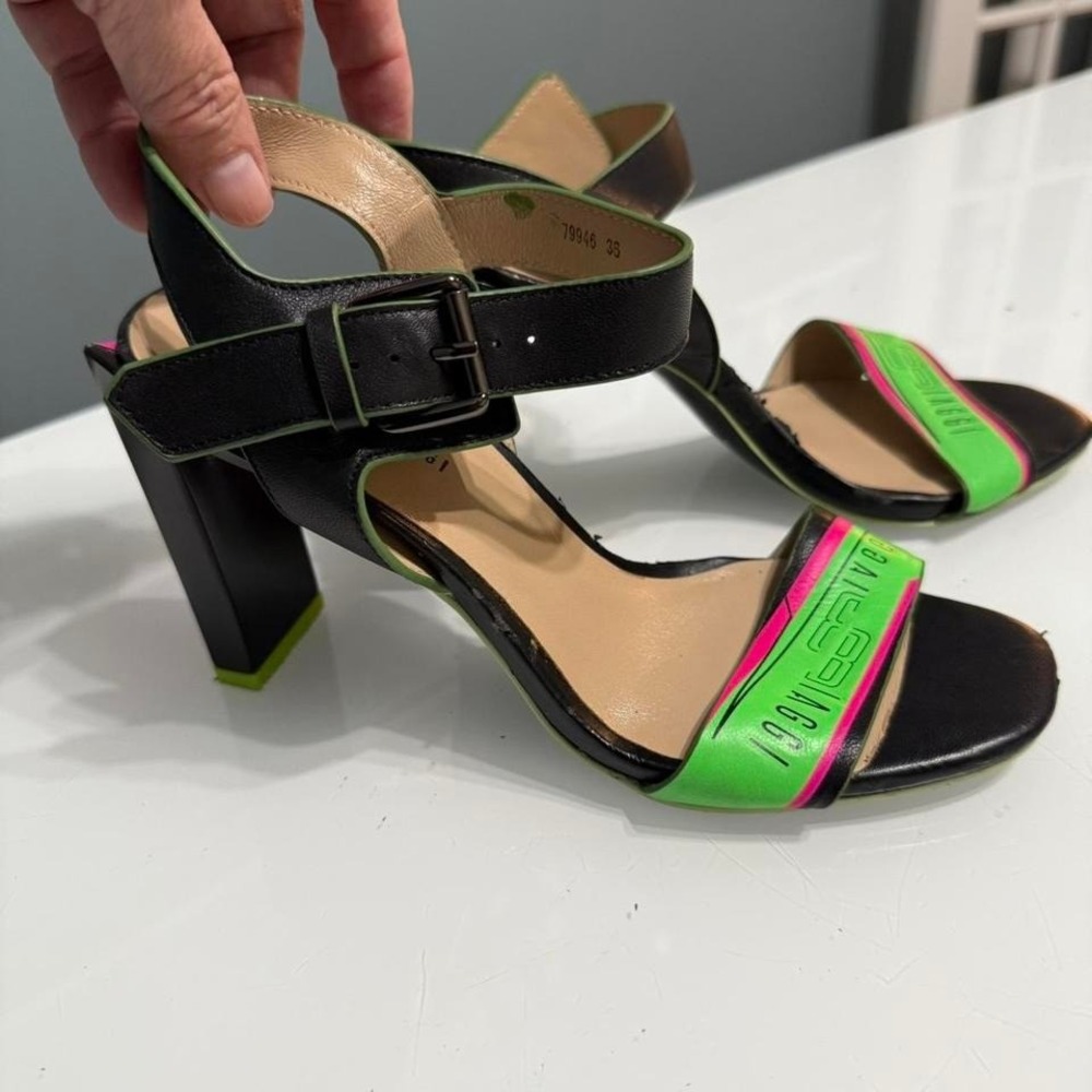 Antonio Biaggi Neon Green Logo Heels | EU 36 | Chunky Block Sandals